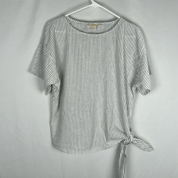 Michael Kors White and Gray Striped Linen Blend Short Sleeve Tie Detail Shirt SM - Picture 1 of 7